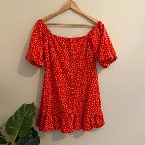 Red Floral Off-Shoulder/Puff Sleeve Babydoll Dress